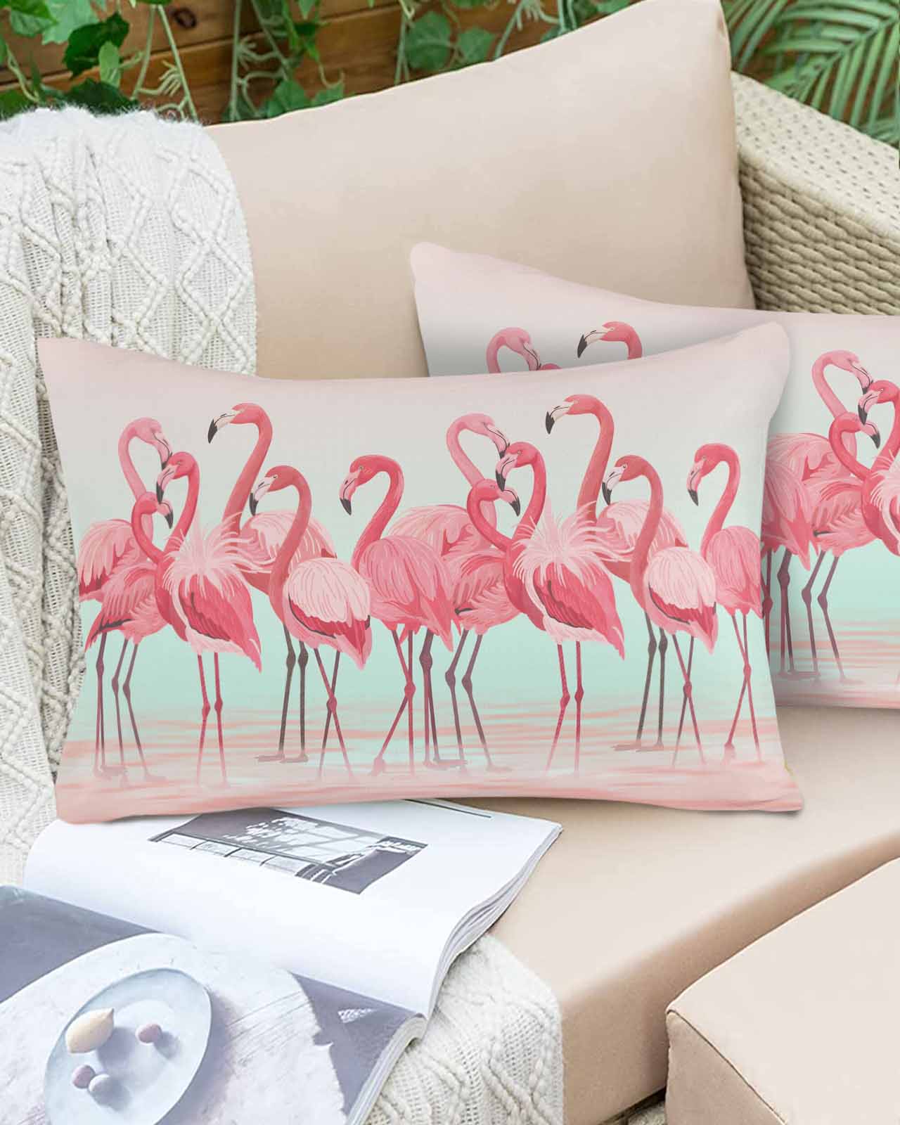 Outdoor Waterproof Throw Pillow Covers Set of 2 Pink Flamingo Decorative Pillowcases Lumbar Outdoor Pillows Cushion Case 20x12 Inch Tropical Animal Ombre Teal Patio Pillows for Couch Sofa Bed Garden