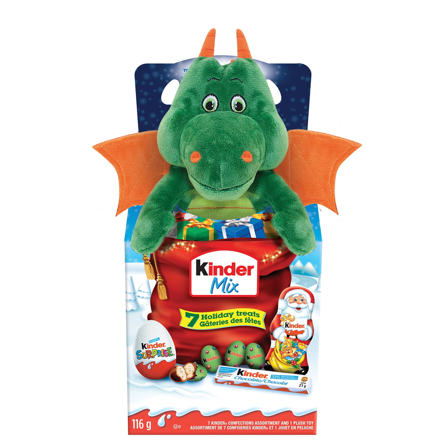 KINDER MIX Holidays Variety Pack with Surprise Plush Toy and 7 Additional KINDER Holiday Chocolate Treats, 116g (Plush Toys Vary), 116 g with 7 treats inside