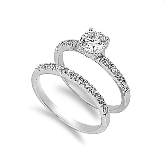 Set of 2 Bridal Round Center Cubic Zirconia Ring Sterling Silver 925