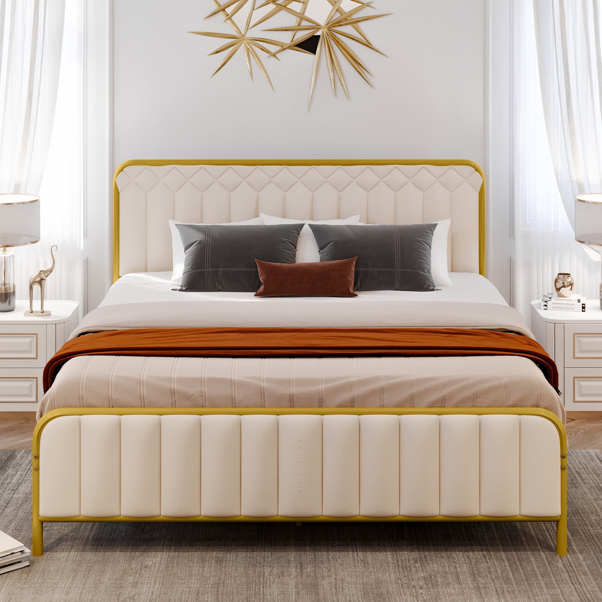 Dextrus Upholstered King Size Platform Bed Frame with Headboard, Wooden Slats Mattress Foundation with Soundproof Cotton, No Box Spring Needed, Beige