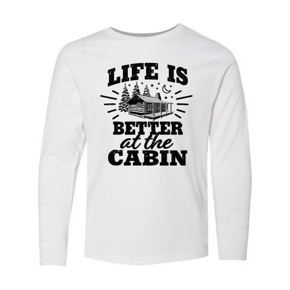 Inktastic Life is Better at the Cabin with Trees and Moon Long Sleeve Youth T-Shirt