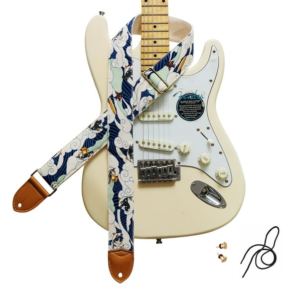 MUSIC FIRST Original Design, 2 inch width (5cm), Vintage Ukiyoe Style"Surfing Cat" Electric Guitar Strap