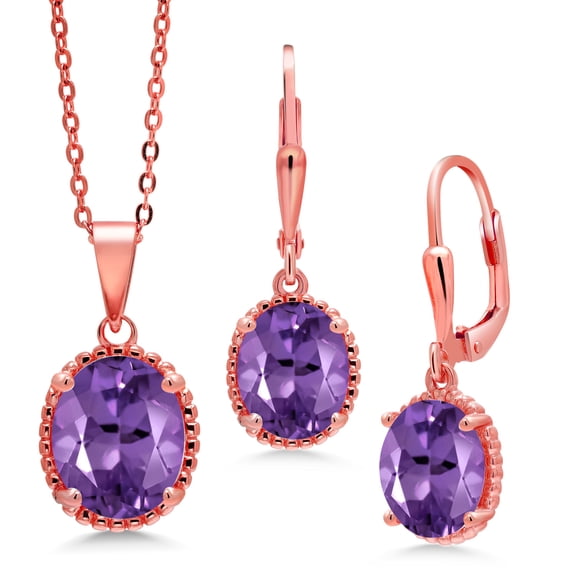 Gem Stone King 6.40 Ct Purple Amethyst 18K Rose Gold Plated Silver Pendant and Earrings Jewelry Set