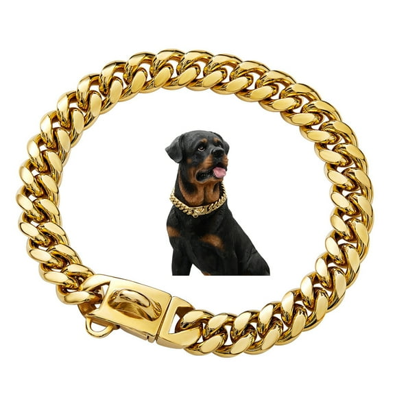 Gold Chain Dog Collar, Double Cuban Chain Collar with Luxury Zirconia Buckle, 14mm Stainless Steel Collar, For Medium to Large Dogs/16 inches