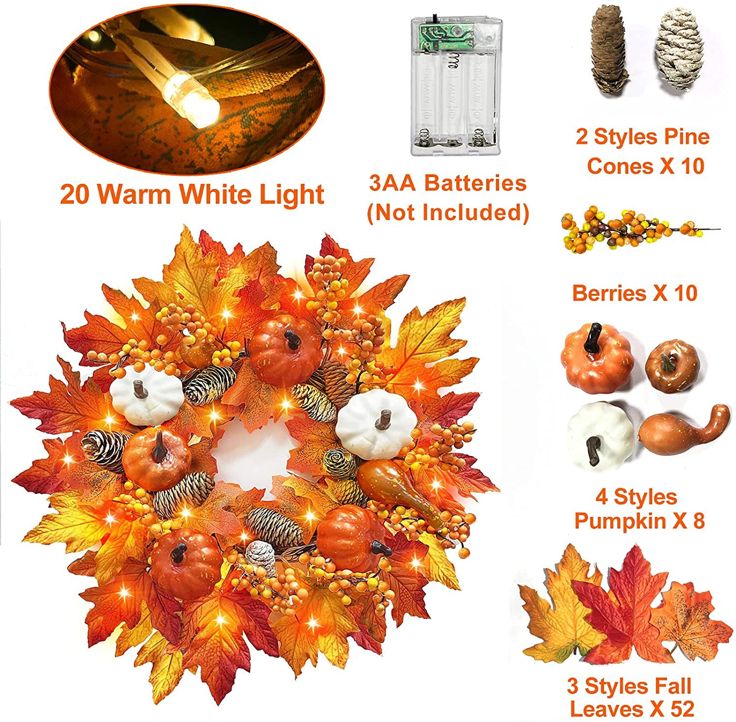 In/Outdoor Battery Operated 20" Fall Wreath Warm Prelit 20 Pumpkin Maple Leaf 