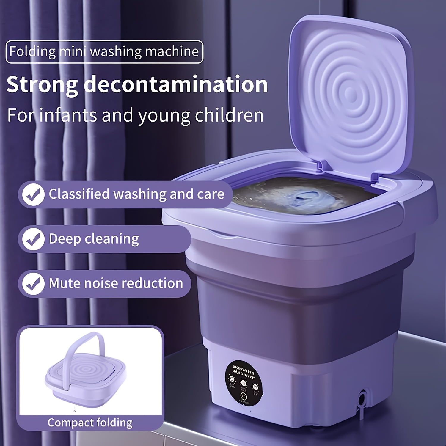 2.11gal High Capacity Mini Foldable Washing Machine - 3 Modes Deep Cleaning, Soft Spin Dry for Socks, Clothes, Towels, Delicate Items (Purple)