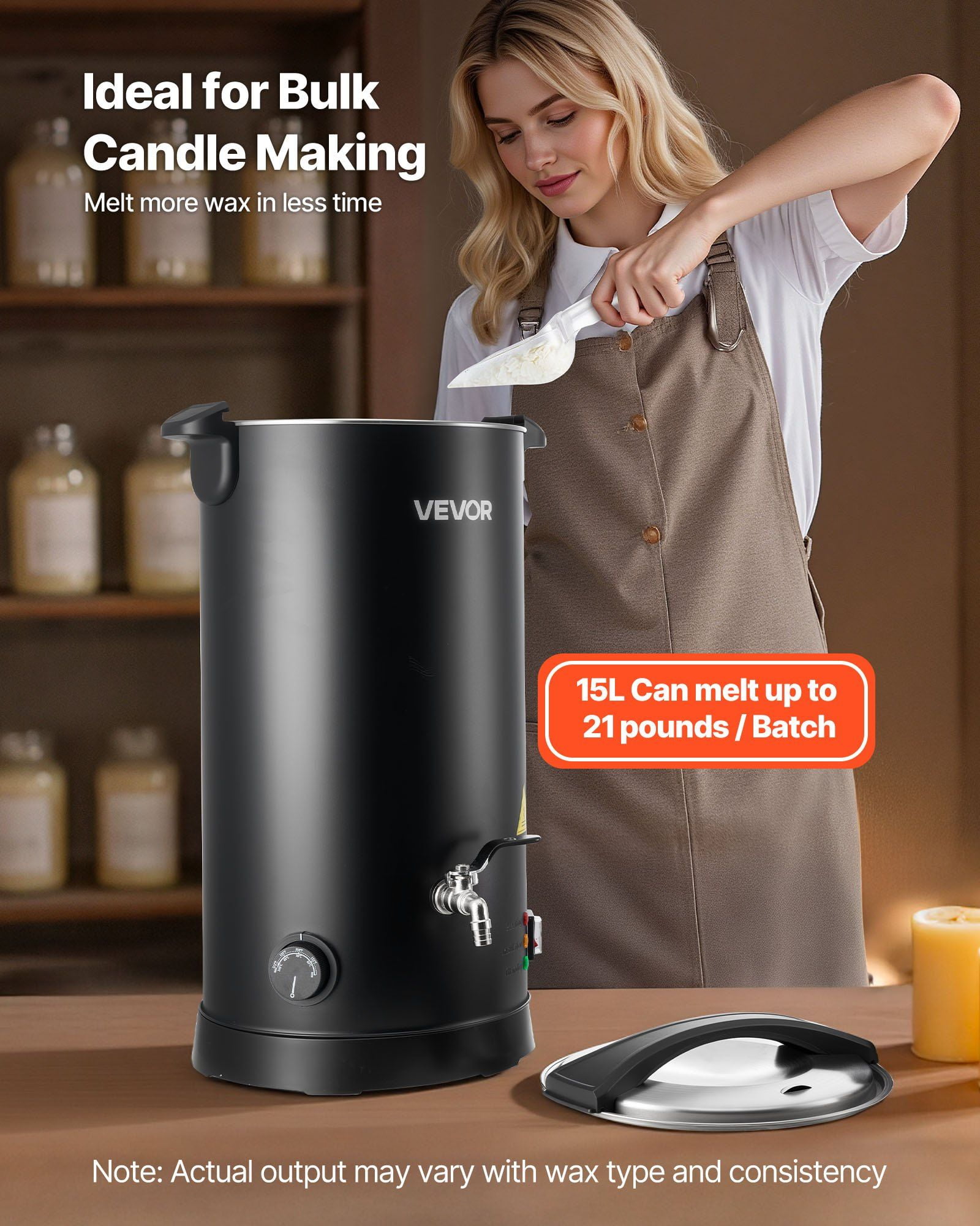 CAFORKP Professional Wax Melting Pot, 15.9Qt Capacity, Even Heat Distribution & Adjustable Temp, Hourglass Design for Non-Stick Pouring, Perfect for Crafting Candles and Soaps