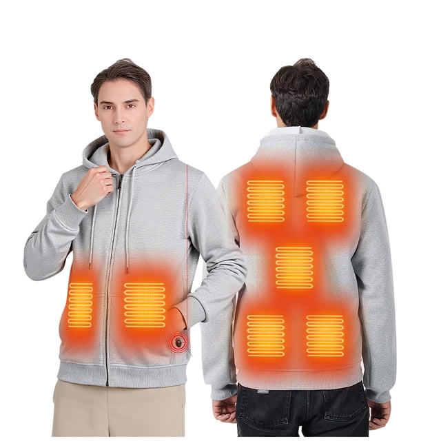 Lekwk Heated Jacket for Men 7 Heating Zones Rechargeable Jackets Full Zip Drawstring Hooded Coat Solid Color Fall Winter Outdoor Thermal Coats with Pockets(Charger not included)
