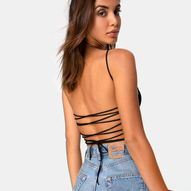 Pompotops Women Backless Vest Sleeveless Crop Tops Tank Tops Blouse Tops T-Shirt