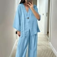 thumbnail image 4 of Women's Cotton Linen V-Neck Two Piece Set - Long Sleeve Shirt + High Waist Wide Leg Pants | Summer Lounge Streetwear, 4 of 8