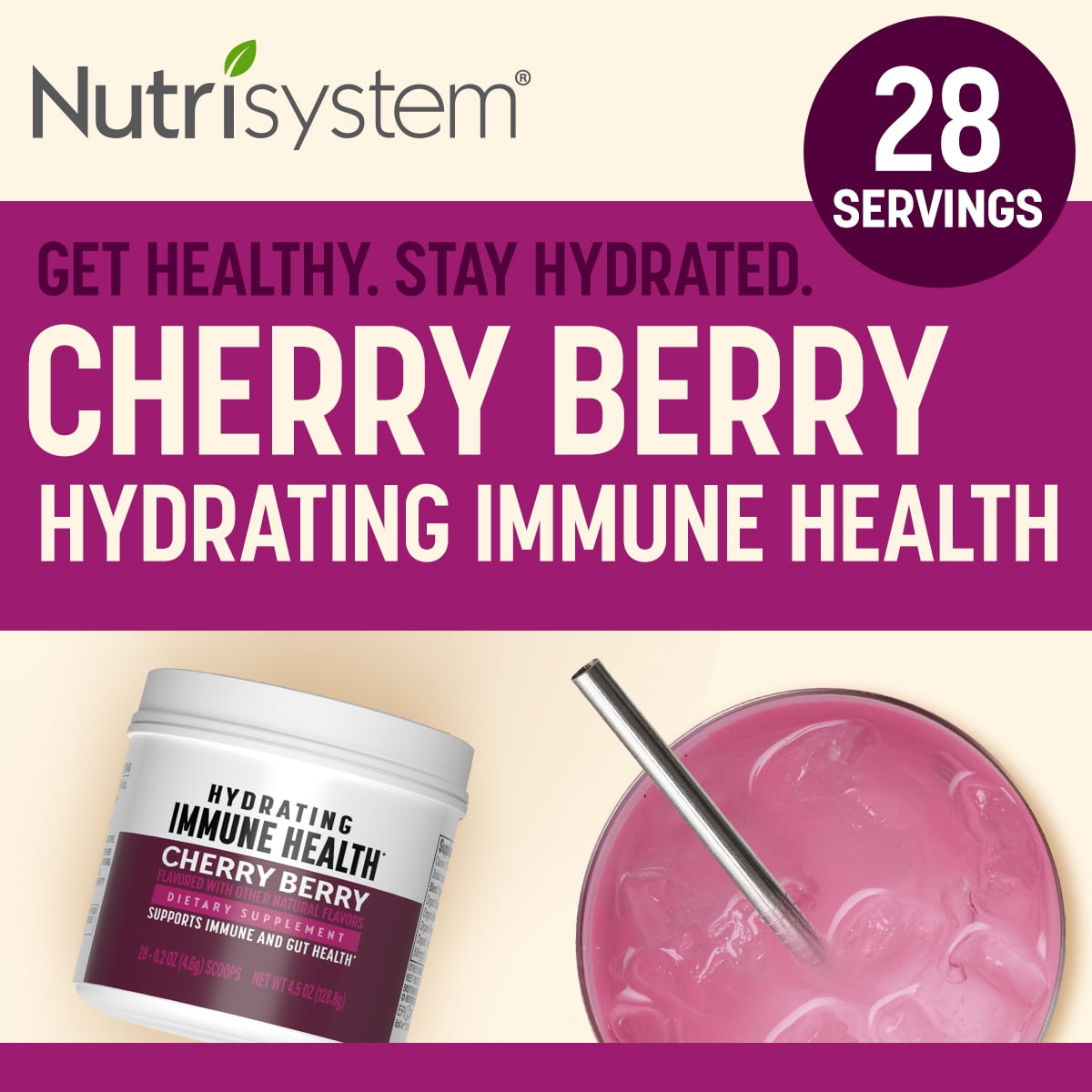 Nutrisystem® Hydrating Immune Health: Cherry Berry - 28 Servings Mix-and-Sip Dietary Supplement