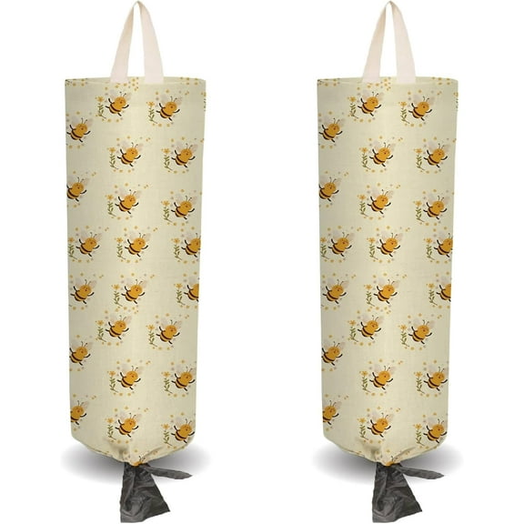 2Pcs Cloth Plastic Bag Holder Bees Theme 4 Adhesive Hook Grocery Pull Rope Free Adjustment Reusable Organizer Washable Wall Mount Hanging Storage Dispenser for Cabinet Home Kitchen Pantry