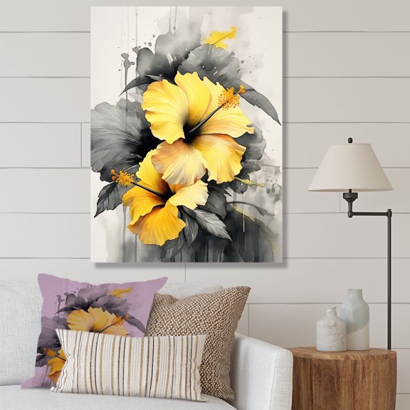 Designart "Serenading Hibiscus In Yellow And Grey" Hibiscus Canvas Art Print