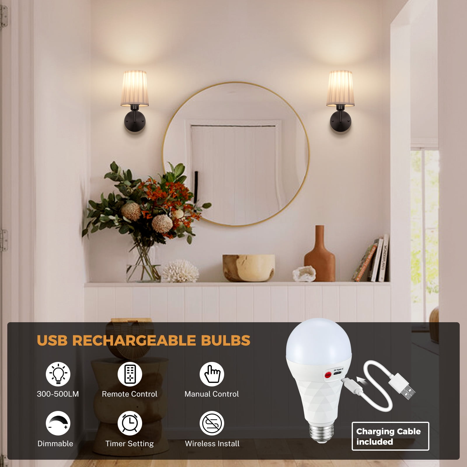 Set of Two Wall Sconces, Battery Operated Wall Sconce Reachargeable Wireless Wall Mounted Lamp Dimmable Battery Powered Wall Light Fixure for Bedroom Living Room Hallway, Black