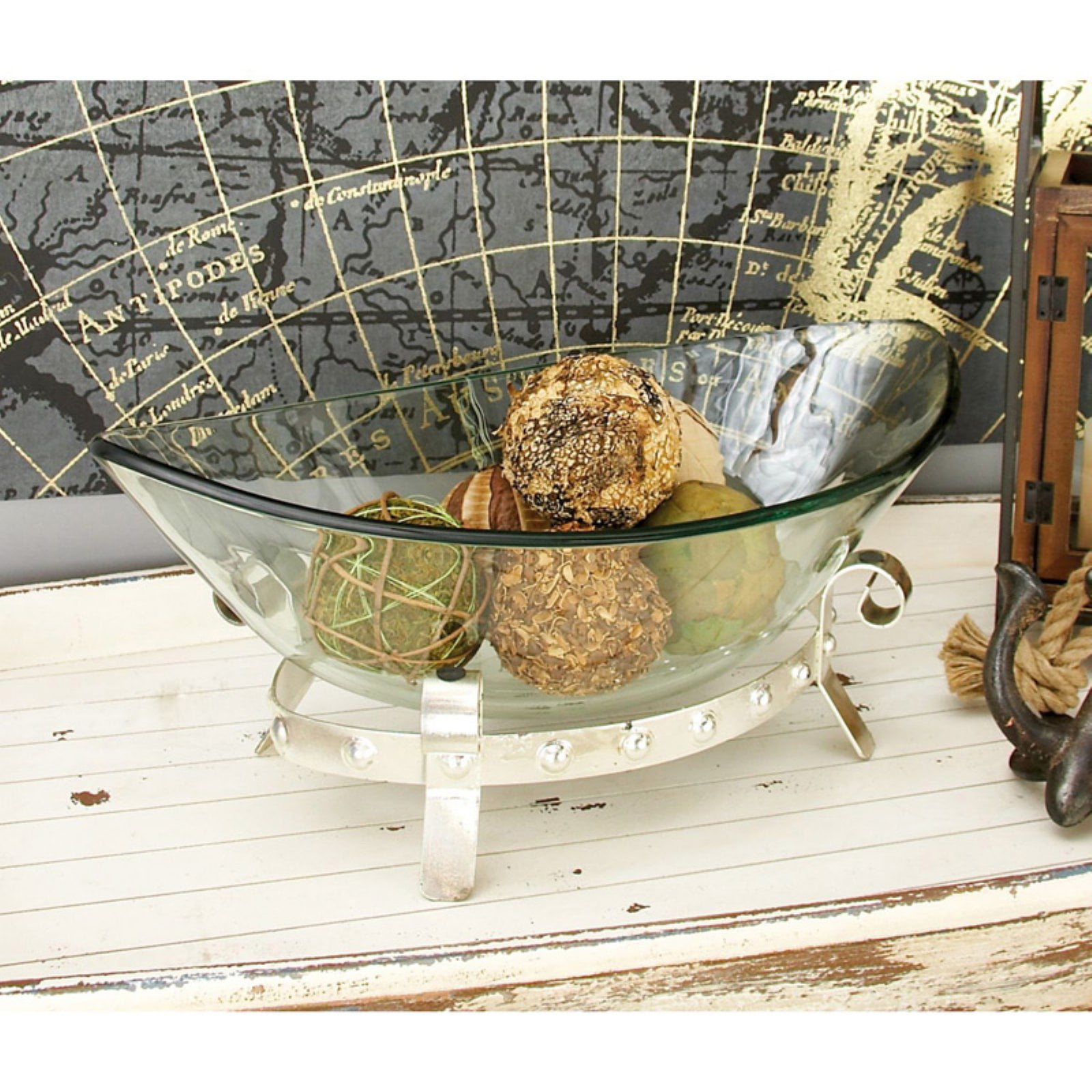 DecMode Oval Glass Bowl with Silver Metal Base