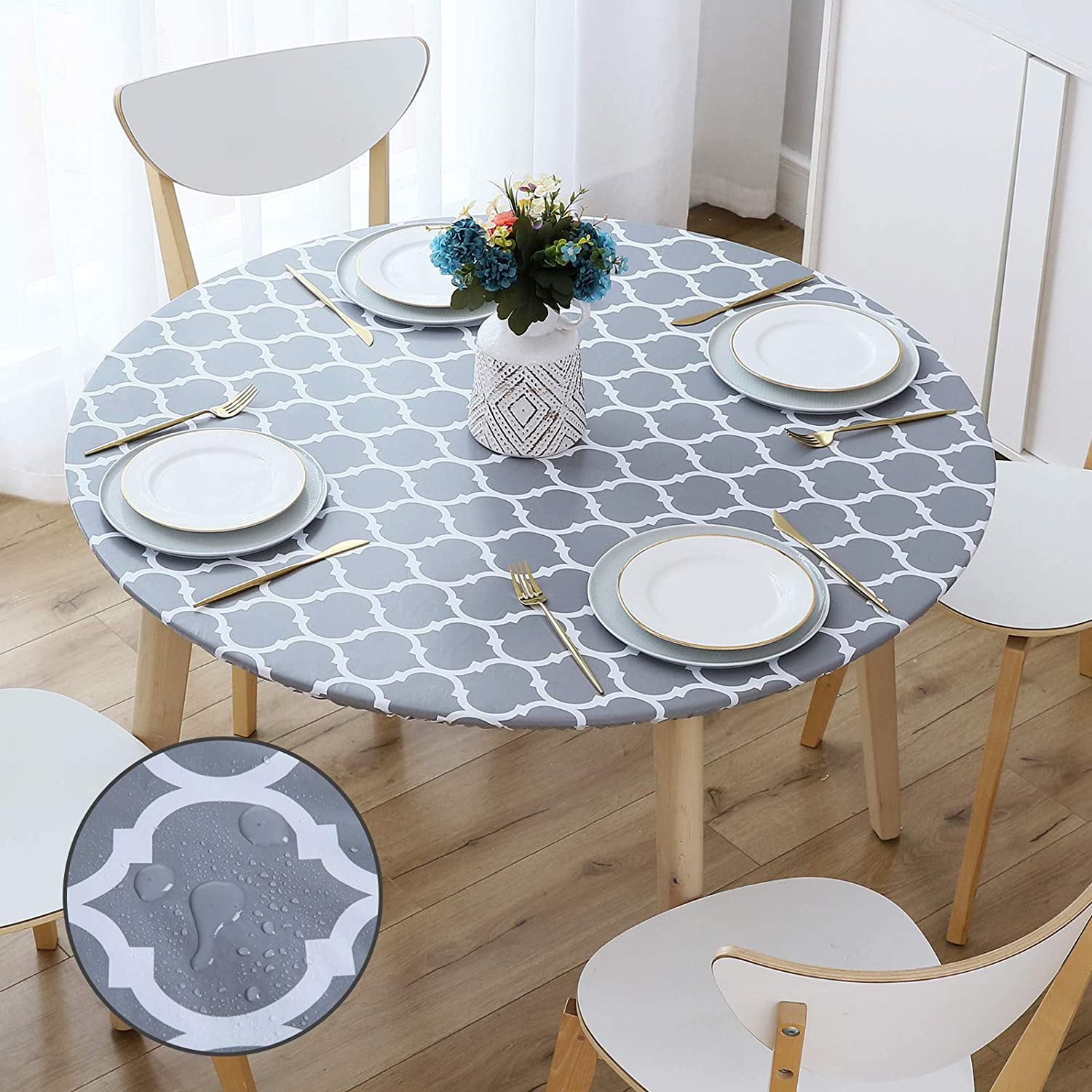Round Vinyl Fitted Tablecloth W/ Flannel Backing Elastic Table Cover Waterproof 