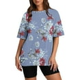 thumbnail image 2 of Short Sleeve Floral Tops for Women Plus Size Cotton Oversized Summer Crew Neck Loose Fit Casual Tshirt Blouses (Blue 2XL), 2 of 5