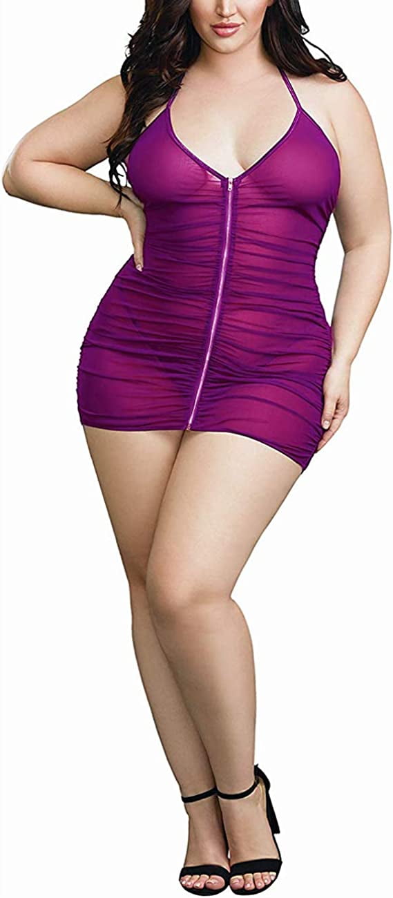  Ladies & Men's story Plus Size Sheer Stretch Mesh Babydoll  Dress Zipper Shirring Halter Chemise Curvy Sexy Lingerie for Women(Black,  L): Clothing, Shoes & Jewelry