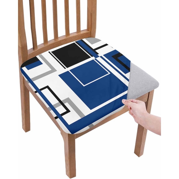 Blue Black Geometric Chair Seat Covers for Dining Room Stretch Chair Seat Covers Set of 2, Modern Minimalist Abstract Stripes Chair Seat Protector Cushion Slipcovers for Kitchen Restaurant Office