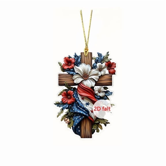 REZUOFI 1 Pcs Patriotic Cross Ornament Floral Design for Christmas Tree Car Home Decor Hanging Gift