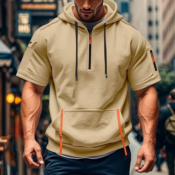 pstuiky camiseta de hombre, Camisa de verano de manga corta con capucha y cremallera con múltiples bolsillos para hombre camisas casuales para hombre l