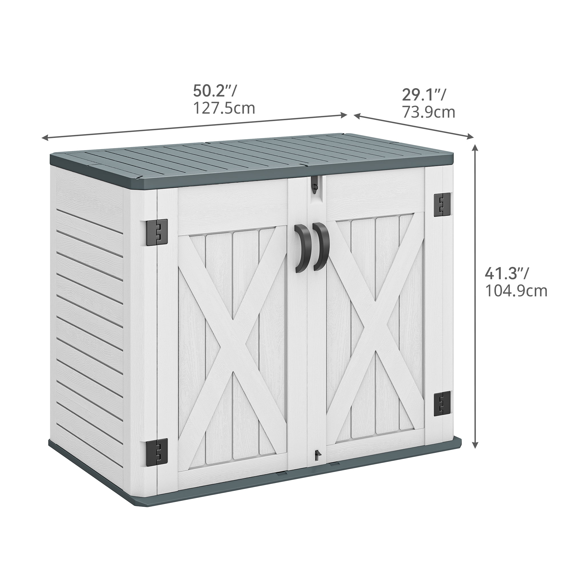 Outdoor Horizontal Storage Shed with X-Shaped Lockable Door, 35 Cu Ft Weather Resistant Resin Tool Shed