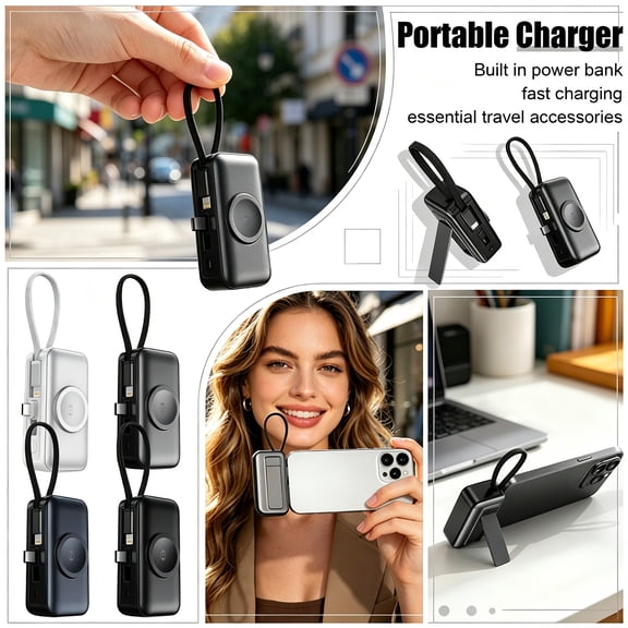 3-in-1 Magnetic Wireless Portable Charger 22.5W Fast Charging Power Bank with Built-in USB-C Cable and Watch Charger Finish Battery Pack Tech Gifts for Men, 1Pcs Black