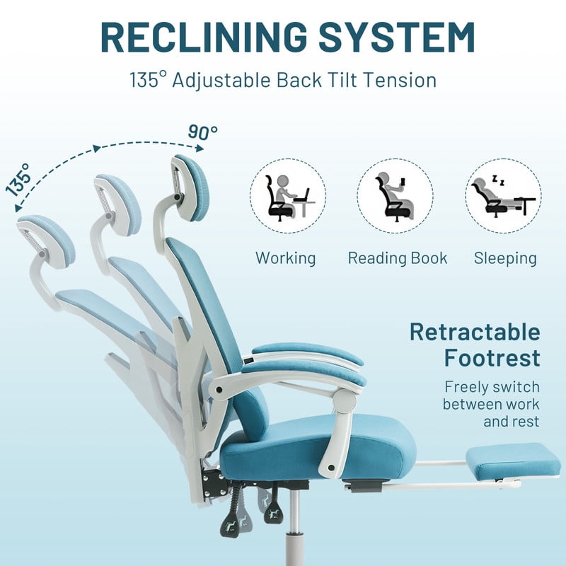 Ergonomic Office Chair with Footrest, Swivel Mesh Chair with Lumbar Support, Headrest and Flip-up Armrests for Home Office, Blue