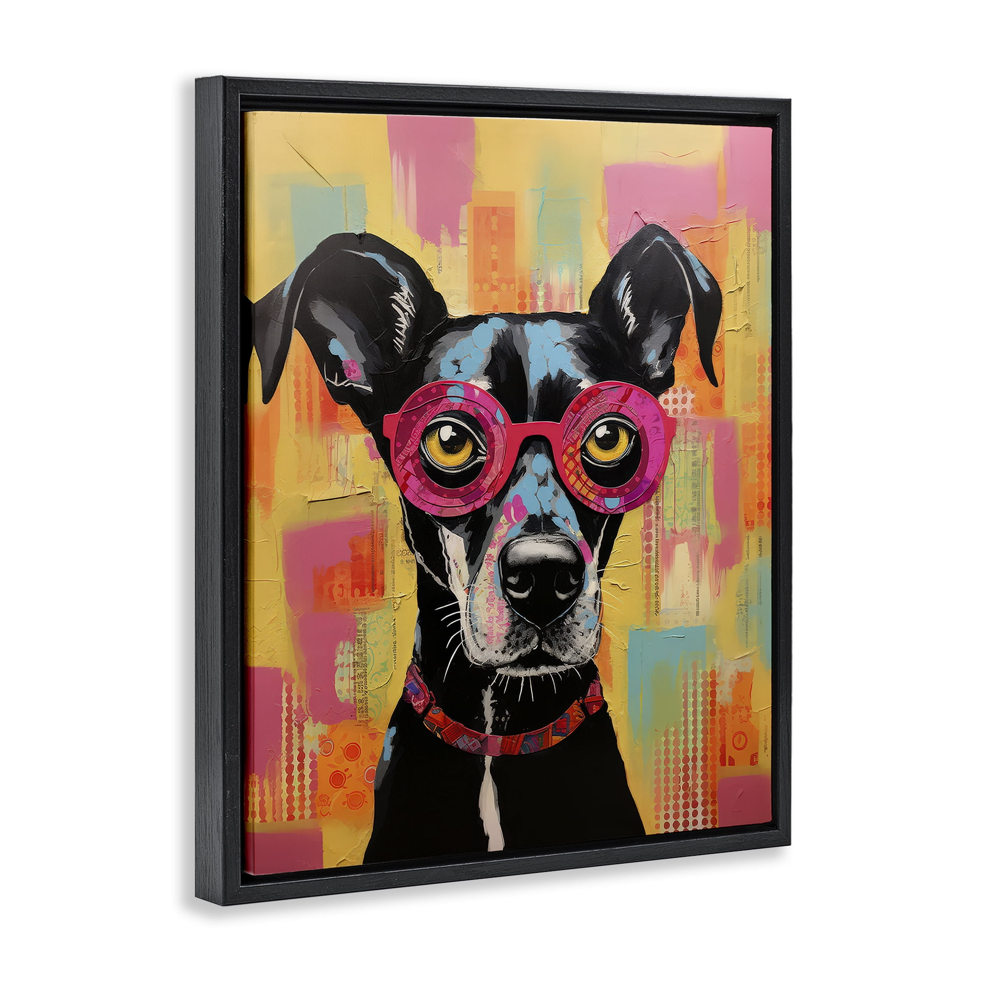 Stupell Industries Dog with Fun Glasses Animals Painting Black Floater Framed Canvas Art Print Wall Art, 25 x 31