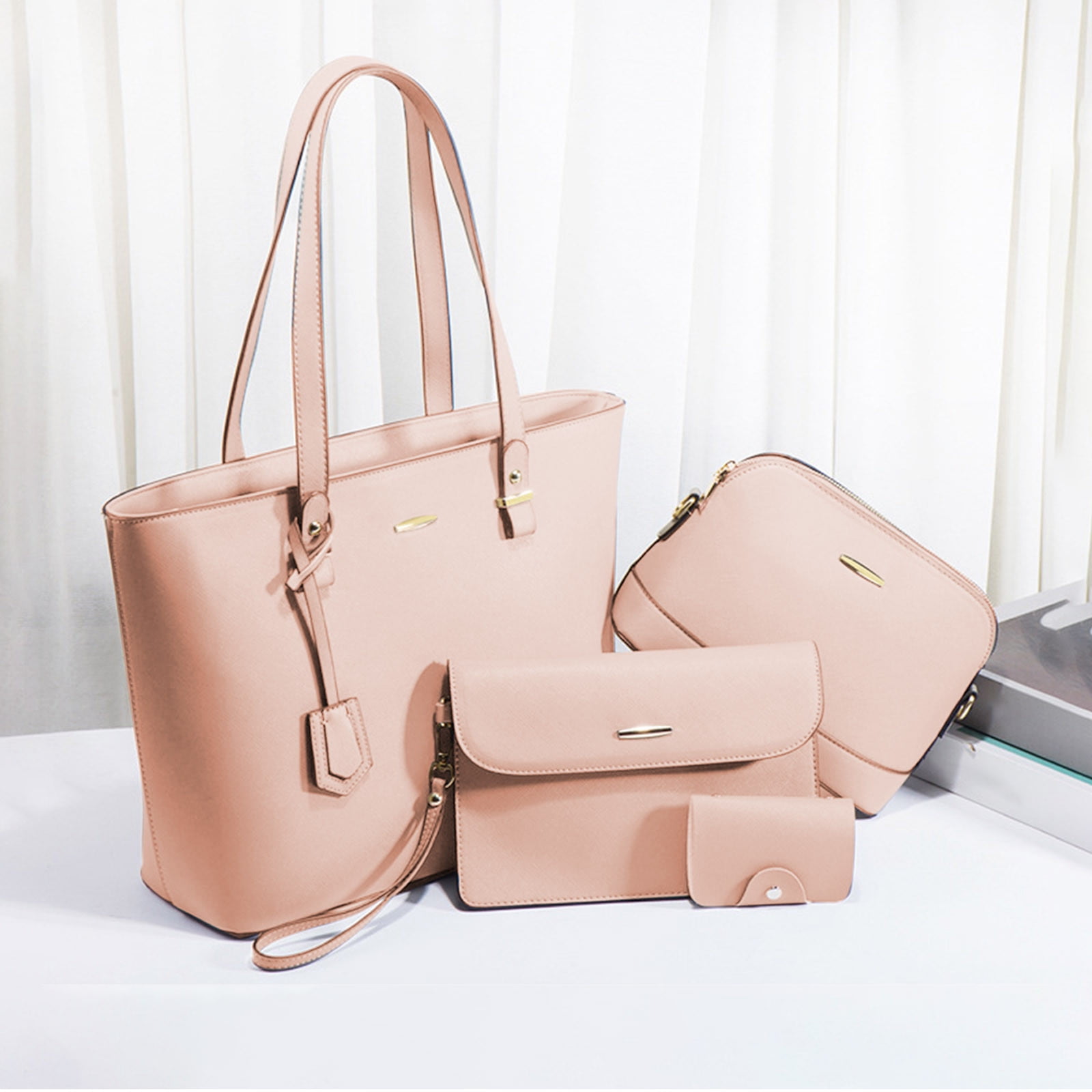 Soperwillton 4-Piece Women's Purse Set - Large Hobo Tote, Crossbody Bag, Wallet & Card Holder, PU Leather, Pink