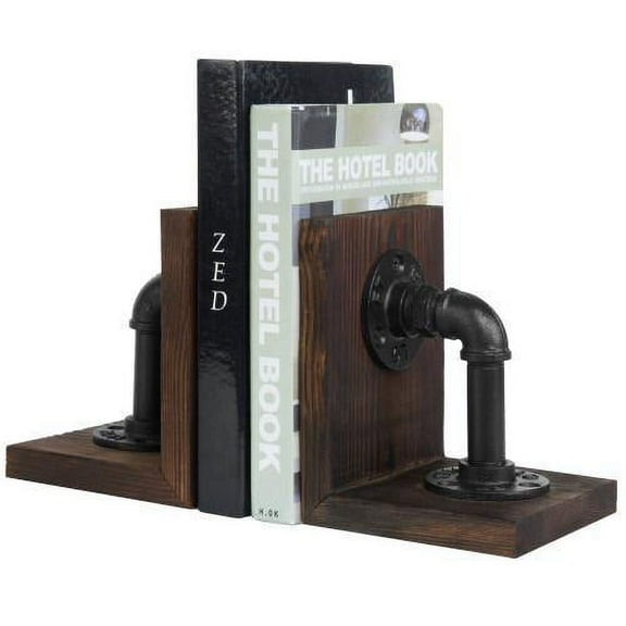 MyGift 1 Pair Industrial Pipe and Rustic Wood Bookends, Dark Brown