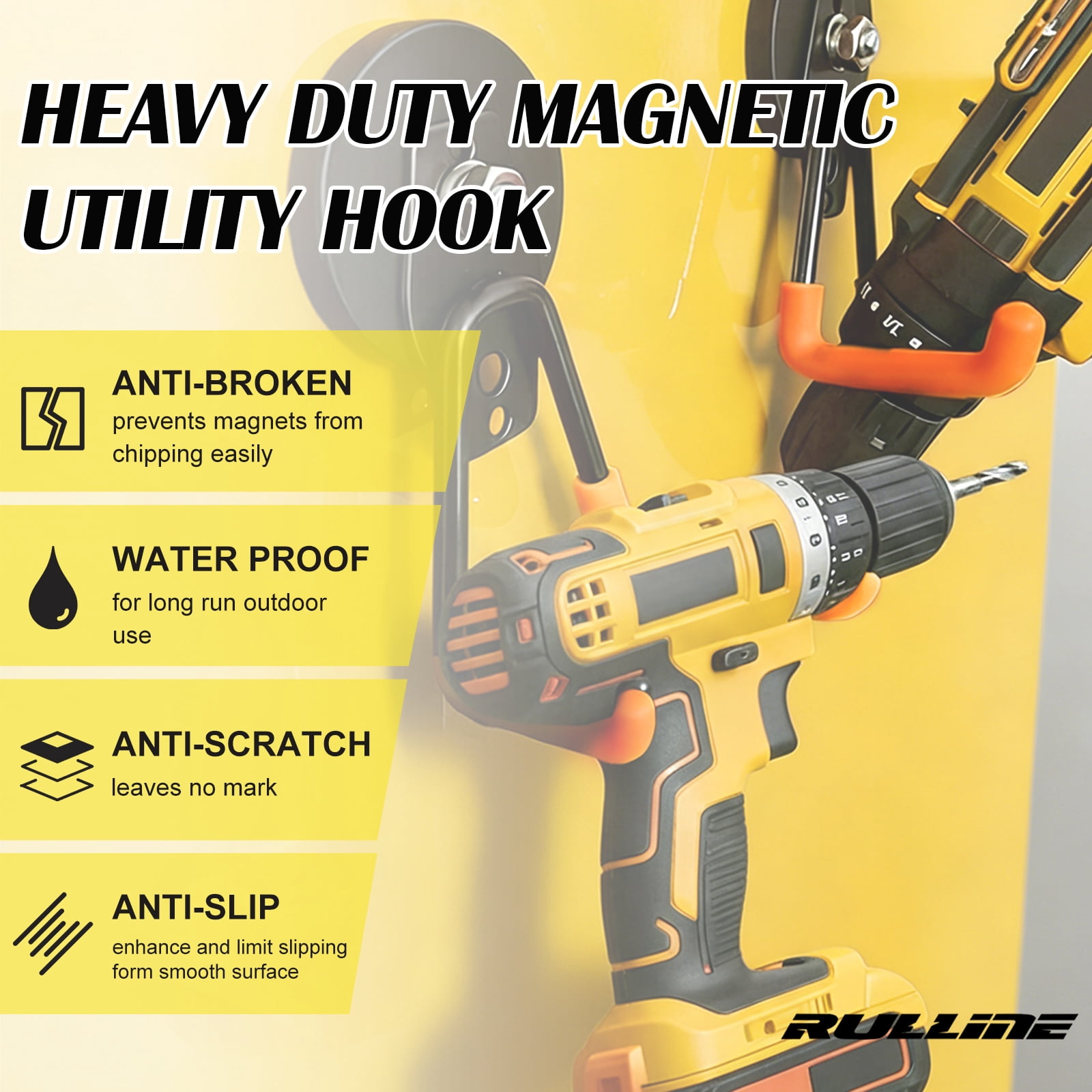 RULLINE  4 Pack Heavy Duty Magnetic Hooks - Strong 2-in-1 Dual Hook Design, No Drill Installation with Thick Rubber Coating for Garage, Workshop & Kitchen Tools, Indoor/Outdoor Storage (Orange)