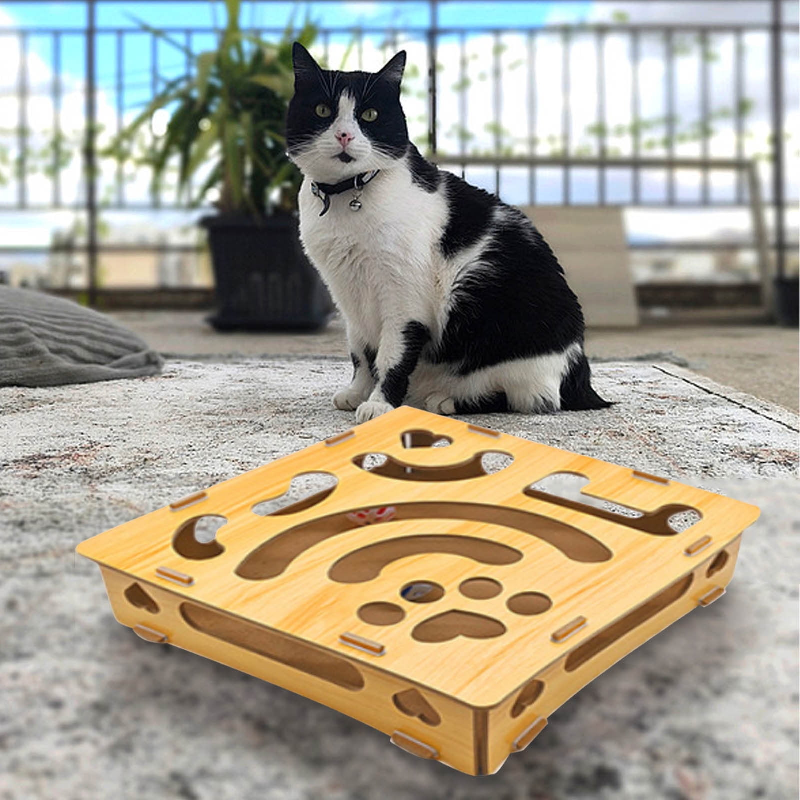 COM1950s Interactive Cat Puzzle Toy， Wooden Treat Maze Box and Brain Teaser， Engaging Puzzle Feeder for Indoor Cats， Wooden Maze Challenge