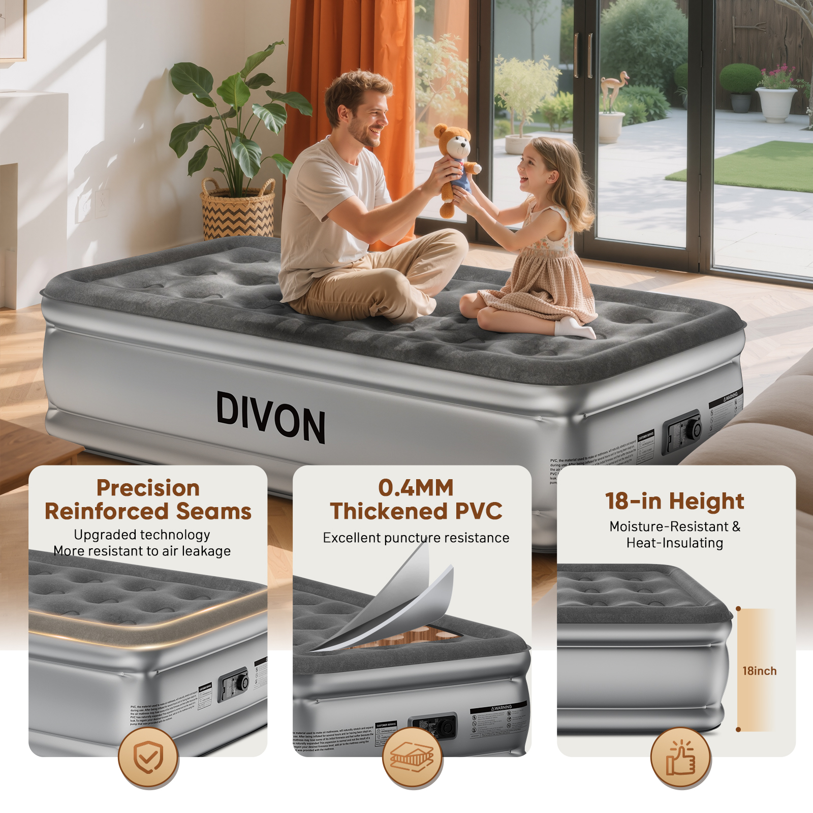 Divon Twin Air Mattress with Built-In Pump, 18-inch Elevated Inflatable Airbed, Portable Blow Up Bed for Guests, Game Night Sleepovers, Gray
