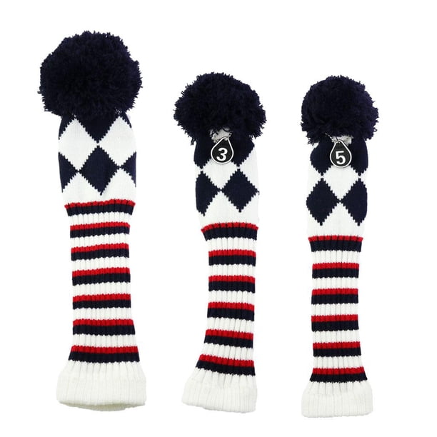 Paquete de 3 Cubiertas para La Cabeza de Tejida Pom Pom Driver # 1 # 3 # 5 Cubierta para La Cabeza de de Calle - Blanco y Negro Blanco negro Soledad Cubierta de la cabeza del palo de golf