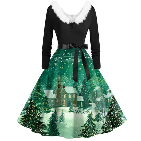 Women's Fashion V-Neck Casual Slim Christmas Printed Long Sleeve Hair Collar Dresses for Elegant Holiday Events and Parties,Green,2XL