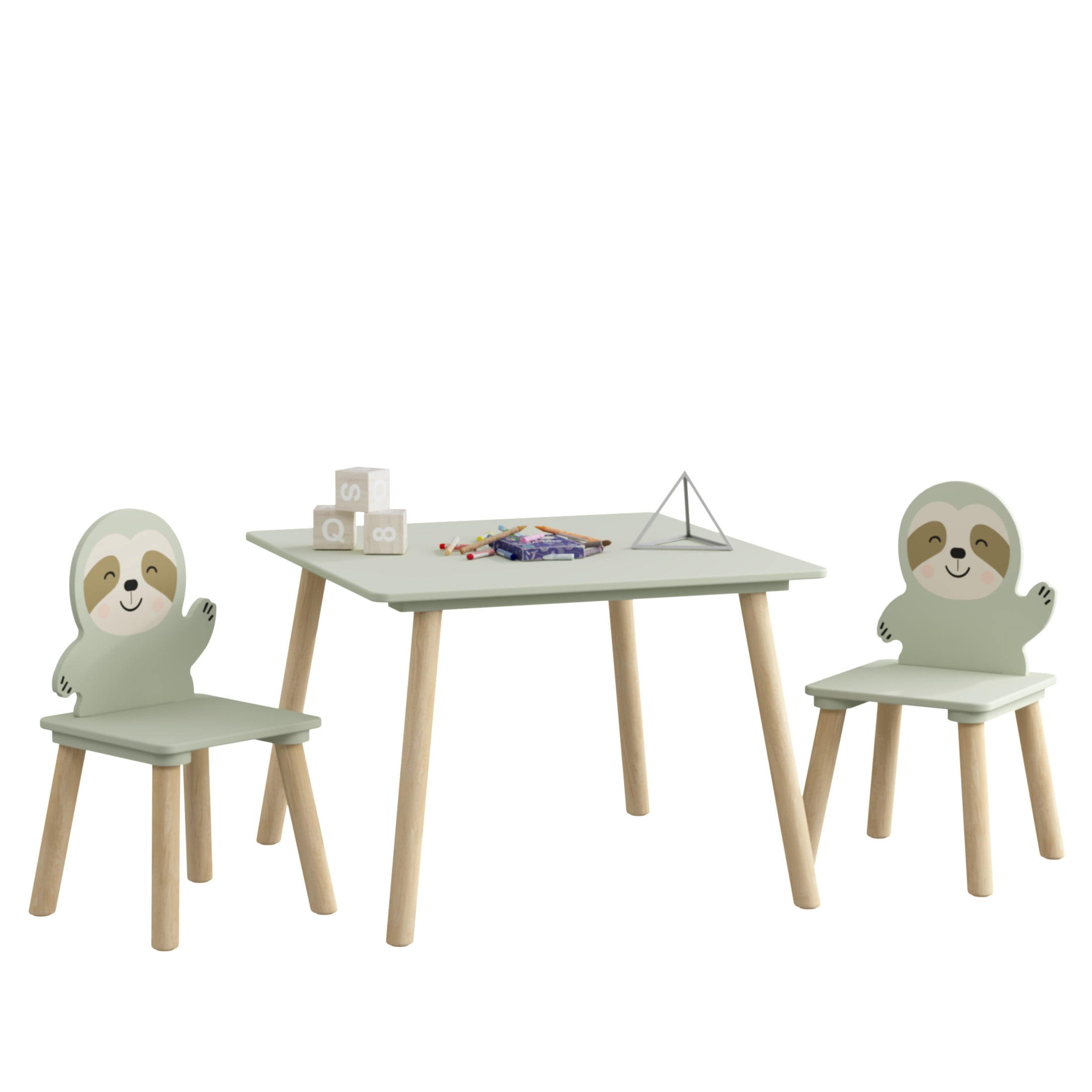 Noble House Kids Table and 2 Sloth Chairs Set, Wooden Toddler Activity Table and Chair Set, Playroom, Sage Green