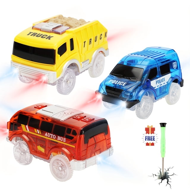 QJUHUNG Tracks Cars only Replacement Race Cars for Tracks Glow in the Dark Light up Racing Car Track Accessories with 5 Flashing LED Lights Compatible with Most Tracks for Kids Boys an