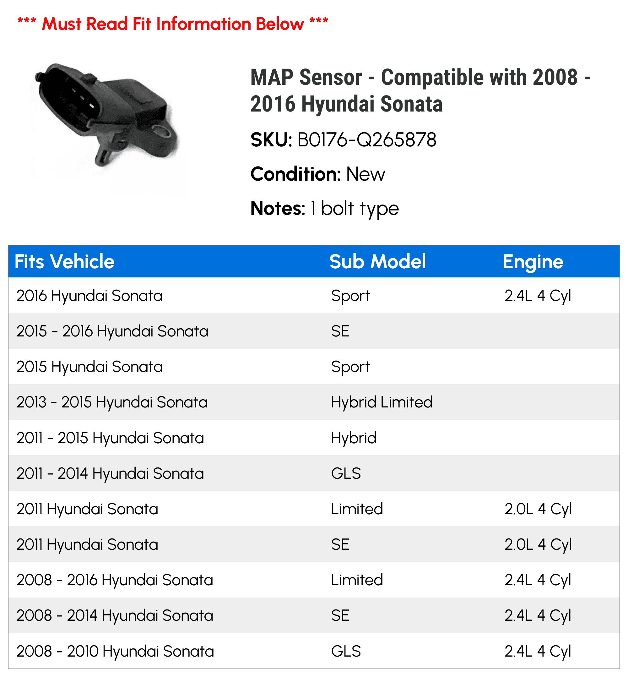 MAP Sensor - Compatible with 2008 - 2016 Hyundai Sonata 2009 2010 2011 2012 2013 2014 2015