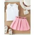 thumbnail image 3 of Suagox Toddler Girl 2Pcs Clothes Set Summer Outfit Solid Color Ribbed Sleeveless Tank Tops and Pleated Skirts with Belt for 6-24 Months and 2-5 Years Old Baby, 3 of 10