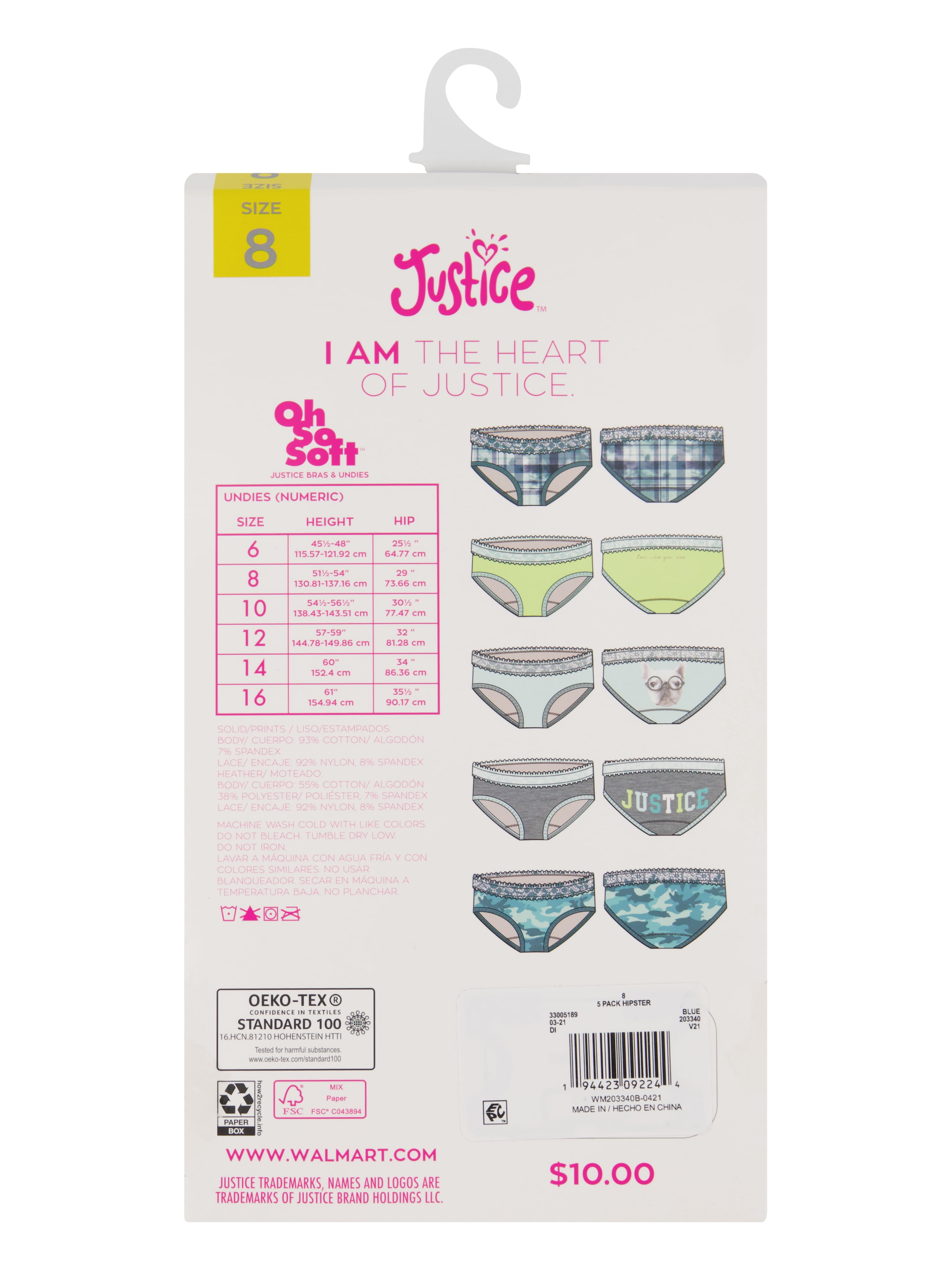 Justice Girls Oh So Soft Cotton Stretch Lace Waist 5Pk Hipsters Sz 6-16