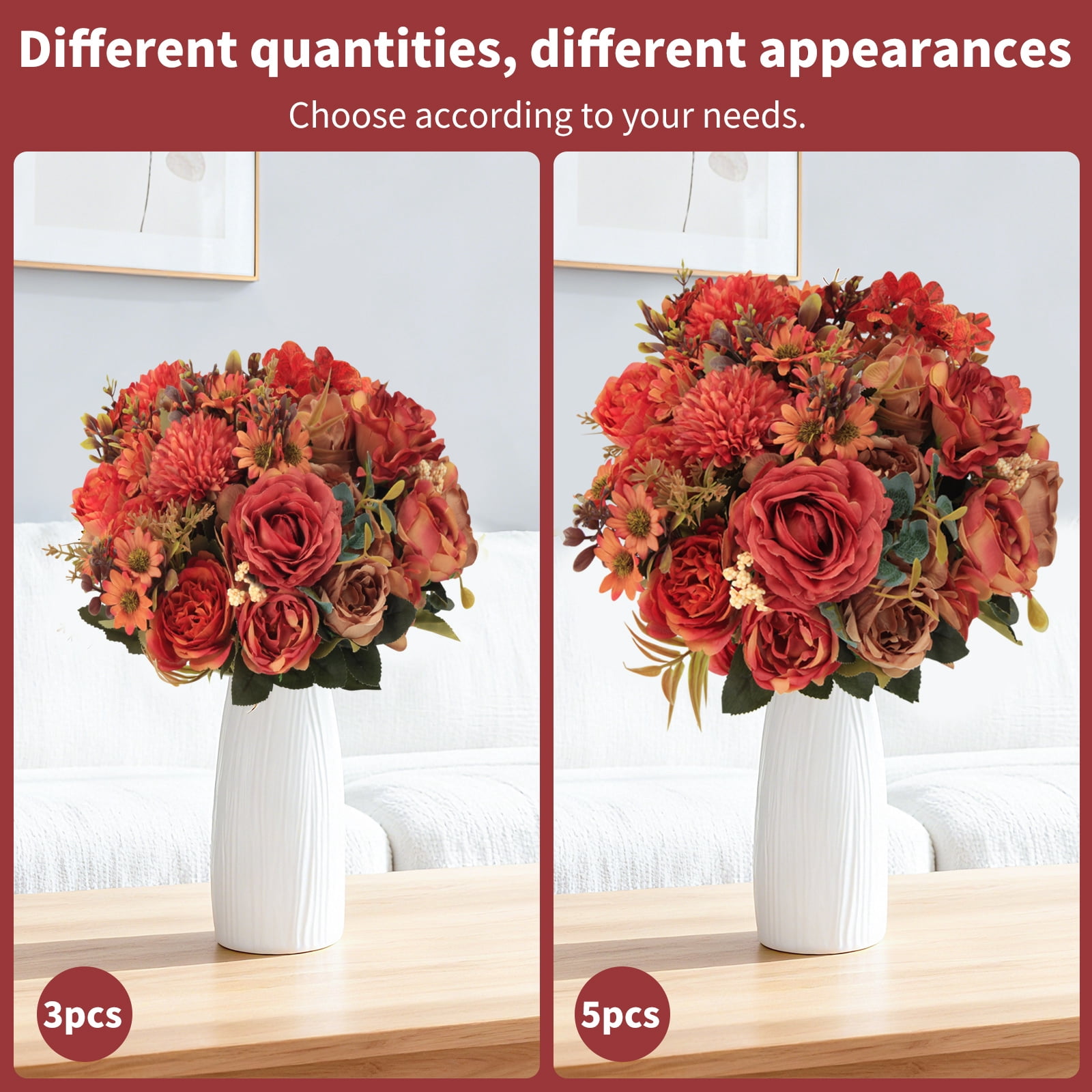 PapakeNook 5 Bunches of Artificial Flowers,Burnt Orange Silk Artificial Rose,Pompom and Small Daisy Flowers, Fall Decorations for Home,Wedding,Garden,Party,Table Bouquet Centerpiece
