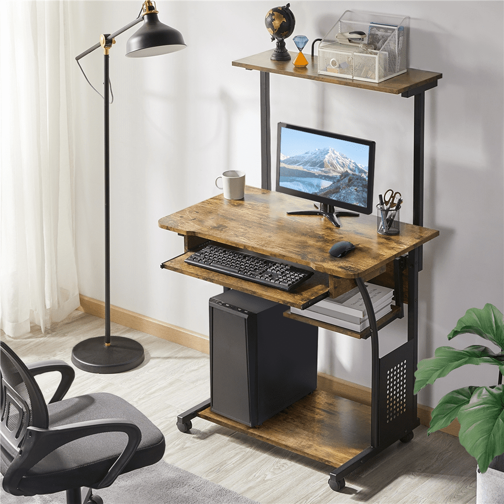 Fullfurnique Rolling 3-Tier Computer Desk with Detachable Top Shelf, Rustic Brown