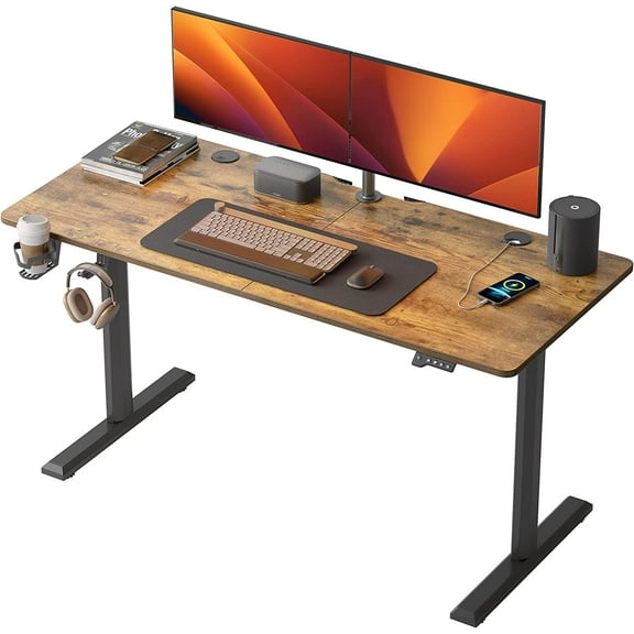 CubiCubi Height Adjustable Electric Standing Desk, 55 x 24 Inches Stand Up Table, Sit Stand Home Office Desk with Splice Board, Rustic Brown Top