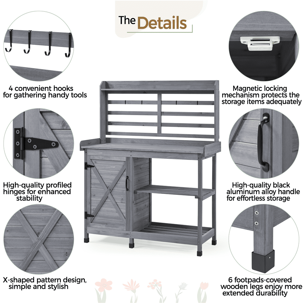 Renwick 4-layer Garden Work Bench with Cabinet & Open Shelf, Gray