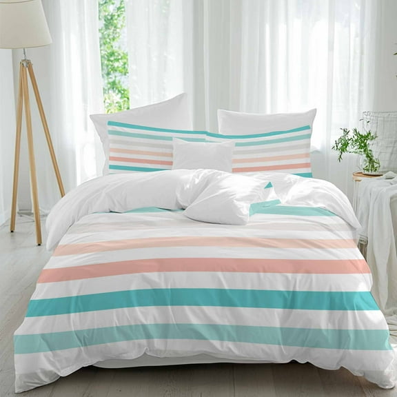 Coral Red Turquoise Striped Duvet Cover Set King Size, Modern Minimalist Lines 4 Piece Soft Microfiber Bedding Set with 1 Duvet Cover, 1 Flat Sheet, 2 Pillowcases