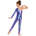 thumbnail image 3 of inlzdz Kids Girls Shiny Metallic Unitard Ruffle One Shoulder Full Body Jumpsuit Performance Dancewear Blue 10, 3 of 7