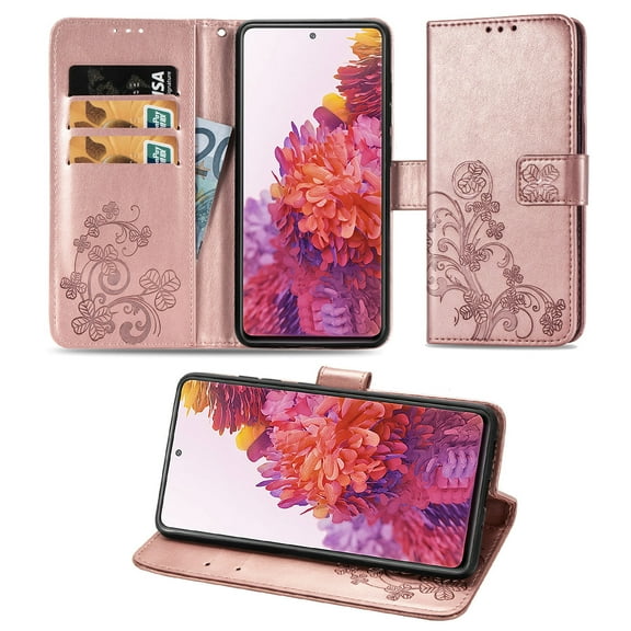 Dteck Wallet Case For Samsung Galaxy S20 FE 5G & 4G, Flip Folio Case Kickstand Card Slots Embossed Four-leaf Clover PU Leather Wallet Shockproof TPU Bumper Ultral Slim Cover - Brown