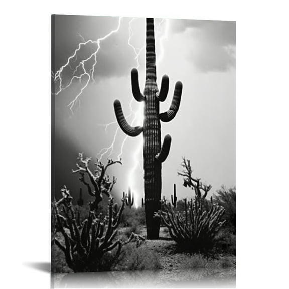 ONETECH Black and White Saguaro Desert Wall Art Arizona in Lightning Storm Picture Canvas Prints Modern Western Natural Landscape Painting Southwest Decor for Home Living Room 12x16 in