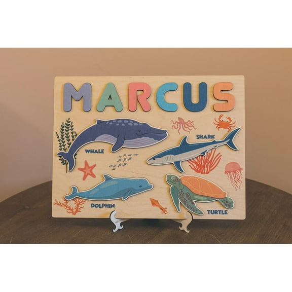 Sea Wooden Name Puzzle With Shapes And Letters -Educational Toys